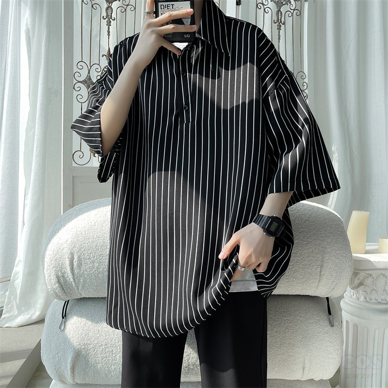 【人気上昇中】シャツ メンズファッション 人気 半袖 折り襟 プルオーバー  ストライプ柄 韓国ファッション オシャレ服 シンプル