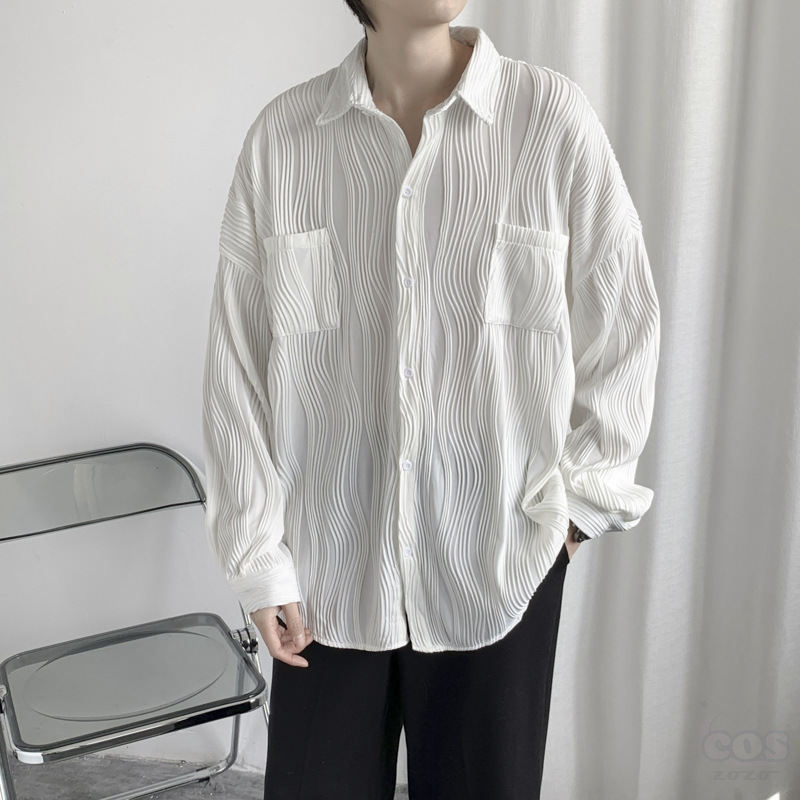 シャツ メンズ 一般 無地 カジュアル 秋  服 韓国ファッション オシャレ 服 折り襟 ポリエステル ボタン シングルブレスト 一般 長袖 シンプル