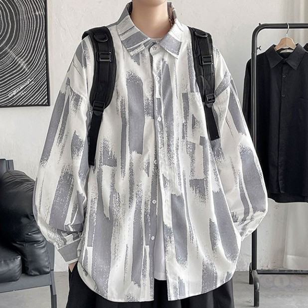 シャツ シンプル カジュアル 韓国ファッション オシャレ 服 秋  服 メンズ ポリエステル 長袖 一般 折り襟 ボタン なし ストライプ柄