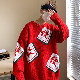 セーターレトロ韓国ファッション オシャレ 服ポリエステル長袖一般一般ラウンドネックプルオーバープリント配色プリント