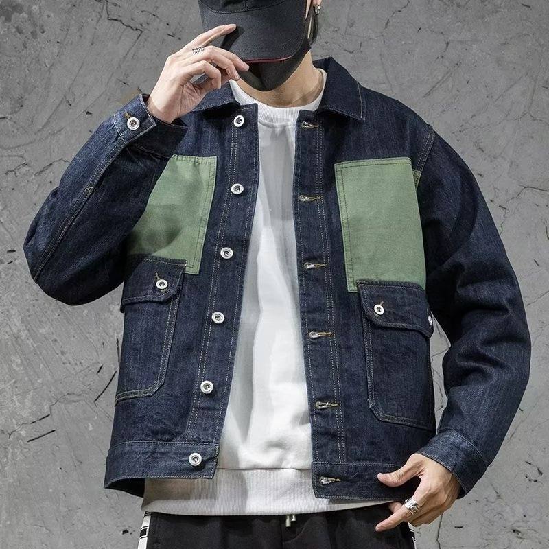 ジャケット ファッション カジュアル 韓国ファッション オシャレ 服 秋  服 メンズ デニム 長袖 一般 一般 折り襟 シングルブレスト ボタン 配色