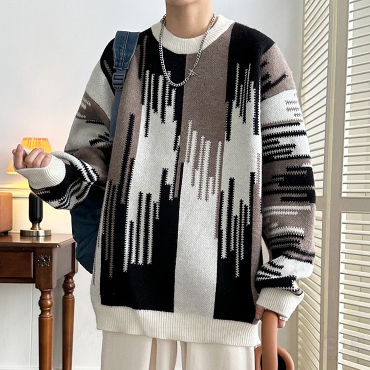 セーター 韓国ファッション オシャレ 服 秋冬 メンズ 長袖 一般 一般 ラウンドネック プルオーバー 切り替え プリント 配色