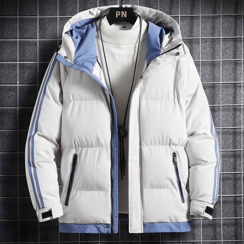 人気高い 全5色 綿コート ファッション カジュアル 韓国系 配色 ストライプ柄 ジッパー 切り替え ポケット付き フード付き 秋冬 メンズ 綿コート
