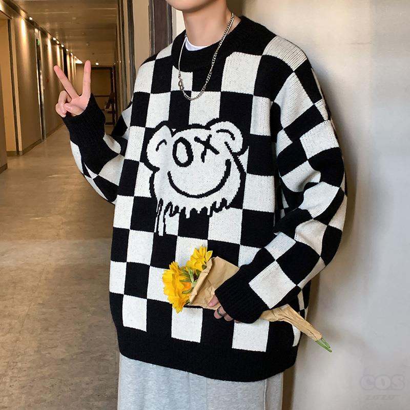 韓国風ファッション シンプル ラウンドネック チェック柄 配色 プルオーバー セーター