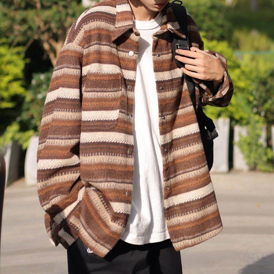 シャツ シンプル ファッション カジュアル 韓国ファッション オシャレ 服 春秋 メンズ ポリエステル 長袖 一般 一般 折り襟 シングルブレスト ボタン ストライプ柄