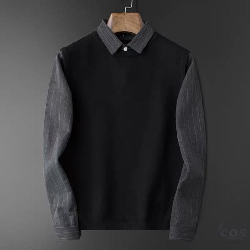 スタイリッシュ セーター ファッション オフィスカジュアル 韓国系 折り襟 切り替え レイヤード 秋冬 メンズ セーター