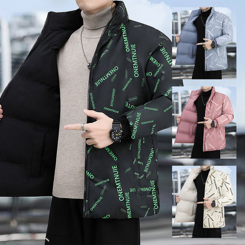 2way 綿コート ファッション カジュアル 韓国系 アルファベット プリント スタンドネック ルーズ 秋冬 メンズ 綿コート