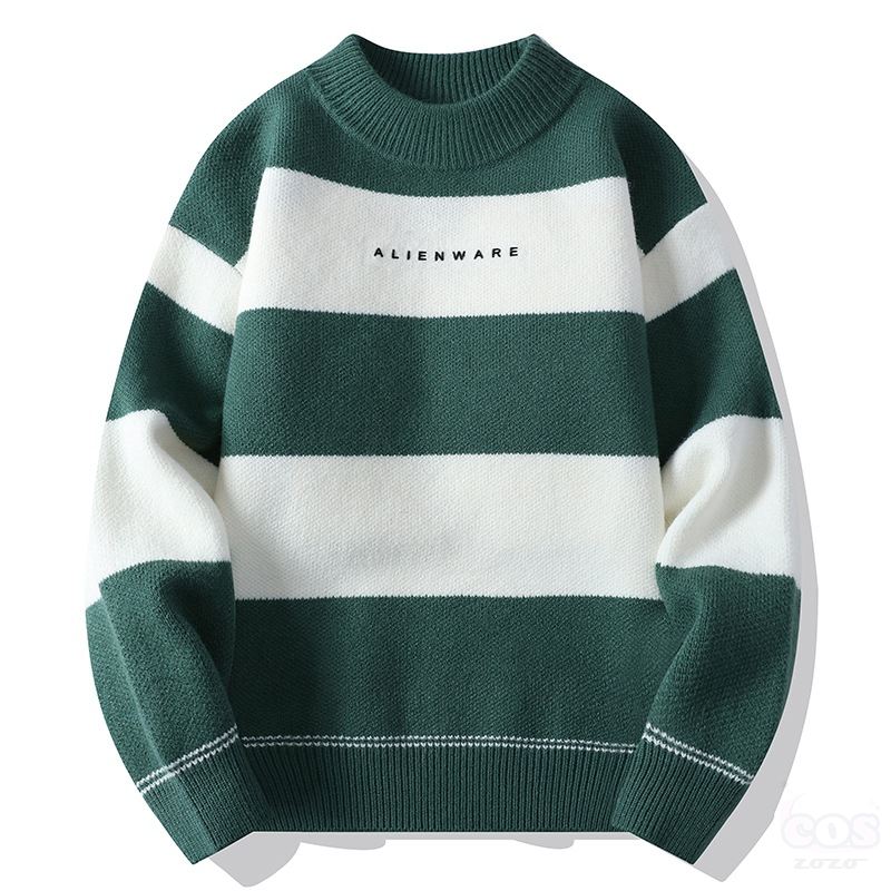 絶対欲しい 3色展開 セーター 韓国系 カジュアル ファッション アルファベット プリント ボーダー 配色 厚みのある 暖かい 秋冬 メンズ セーター