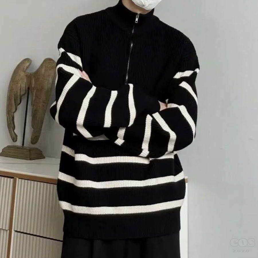 ファッション感満々 セーター 韓国系 カジュアル 高級感 ハーフ ジップ ボーダー 配色 秋冬 メンズ セーター
