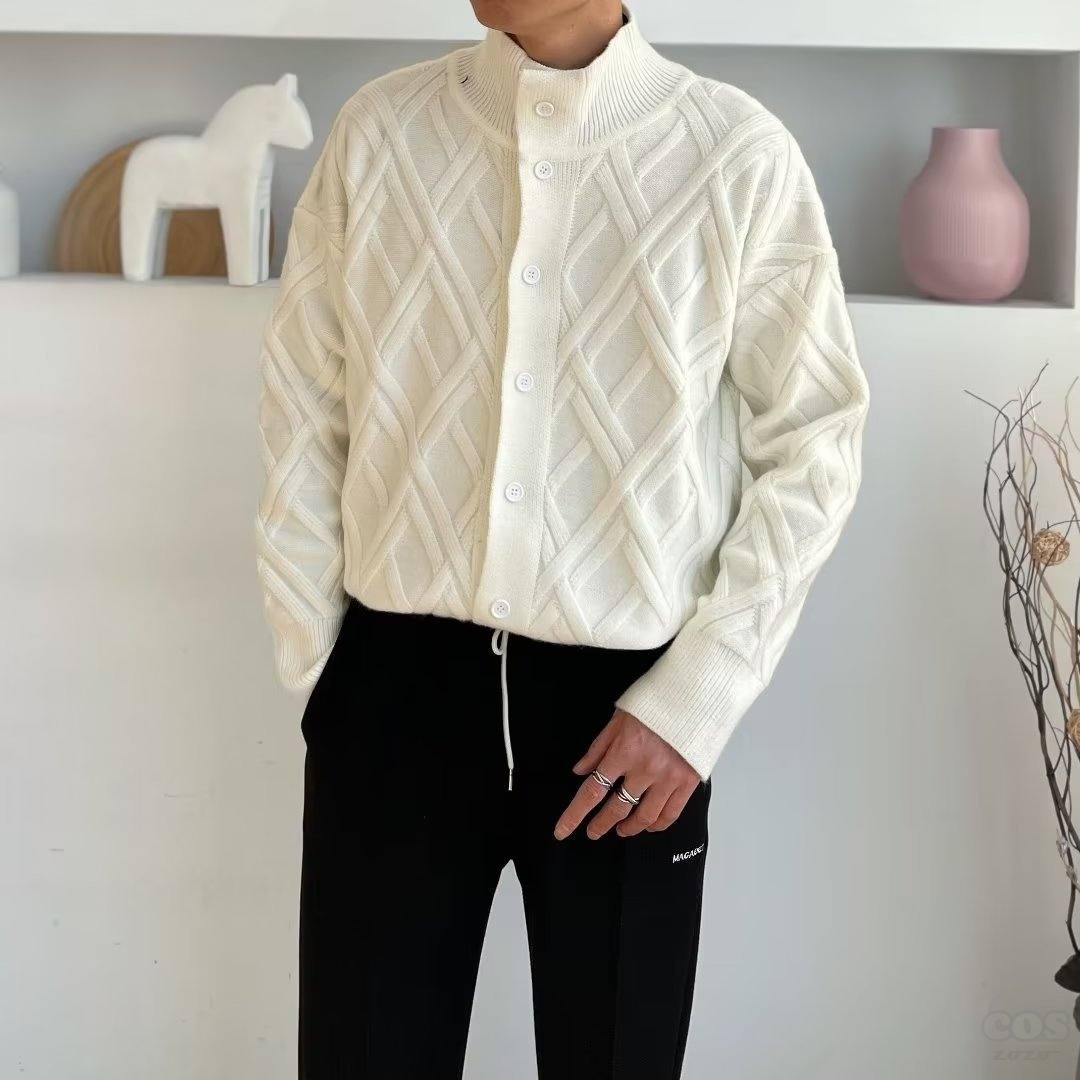 魅力を徹底解剖 全3色 カーディガン 韓国系 ファッション 幾何模様 ハーフネック 秋冬 メンズ ニットカーディガン