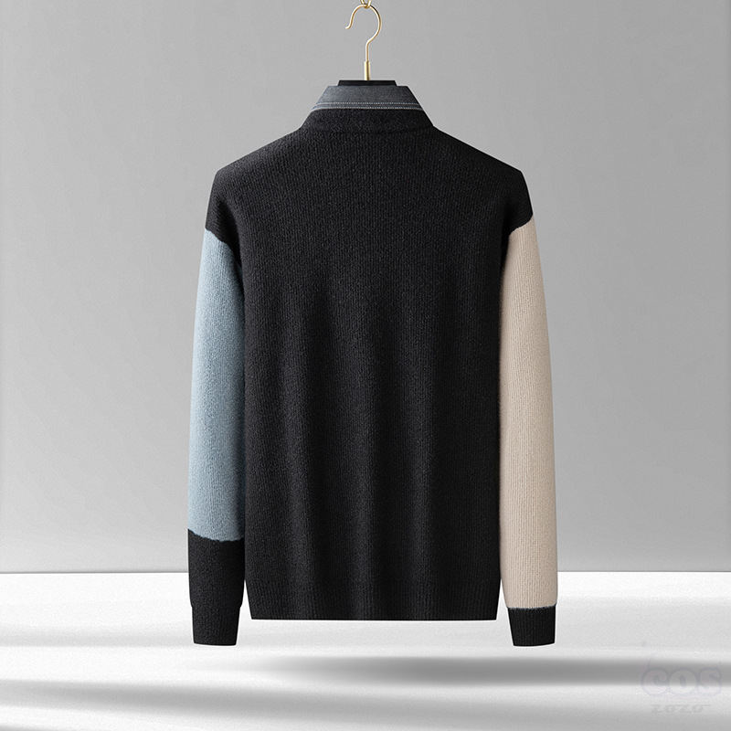 おしゃれ度アップ セーター 韓国系 ファッション 配色 幾何模様 切り替え 秋冬 メンズ セーター