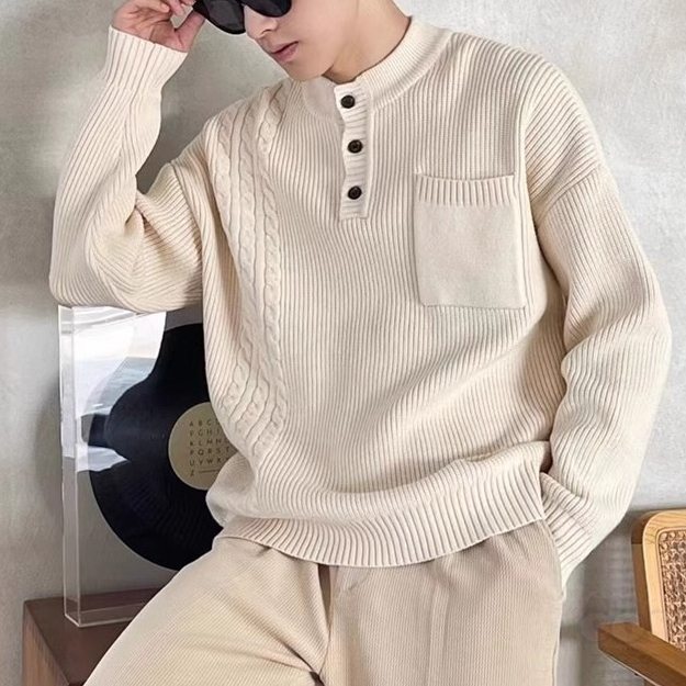 ファッション感満々 全5色 セーター 韓国系 カジュアル レトロ 幾何模様 切り替え ボタン 秋冬 メンズ セーター