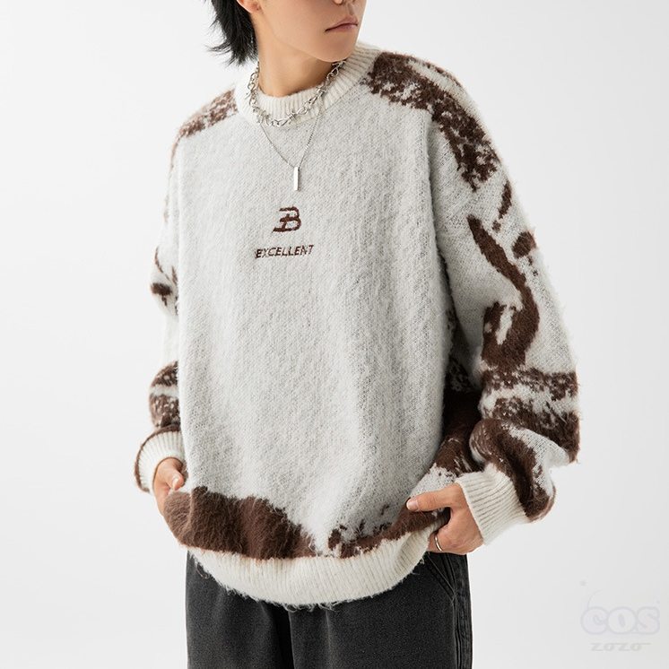 質感のいい セーター ファッション カジュアル ランダムティアード プリント 配色 秋冬 男女兼用 セーター