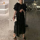 無地ファッション韓国系フェミニンパフスリーブボウタイ切り替えギャザー飾りすね丈ラウンドネックプルオーバーハイウエストAライン五分袖ロングワンピース