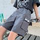 無地ポリエステルファッションストリート系夏グレーブラックハイウエストバーミューダ（5分丈）カジュアルパンツ