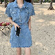 【人気を獲得♡】カジュアルワンピース 無地 半袖 カジュアル 韓国ファッション シンプル ショート丈 折り襟 シングル ブレスト ストレートスカート