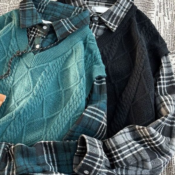 超人気 シンプル レイヤード 長袖 配色 チェック柄 セーター