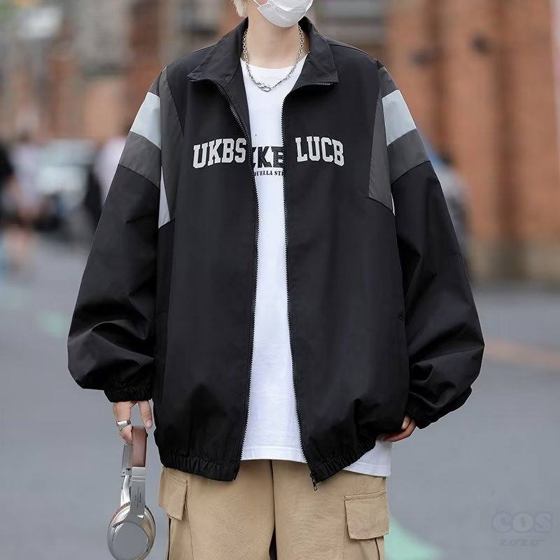 ジャケット シンプル カジュアル スタンドネック 一般 韓国ファッション オシャレ 服 長袖 切り替え ストリート系 秋冬 ポリエステル アルファベット ファッション