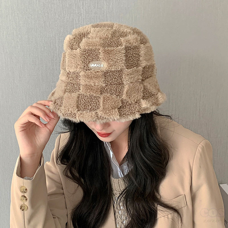 帽子 韓国ファッション オシャレ 服 冬  服 レディース フェイクファー チェック柄 配色 スエード生地