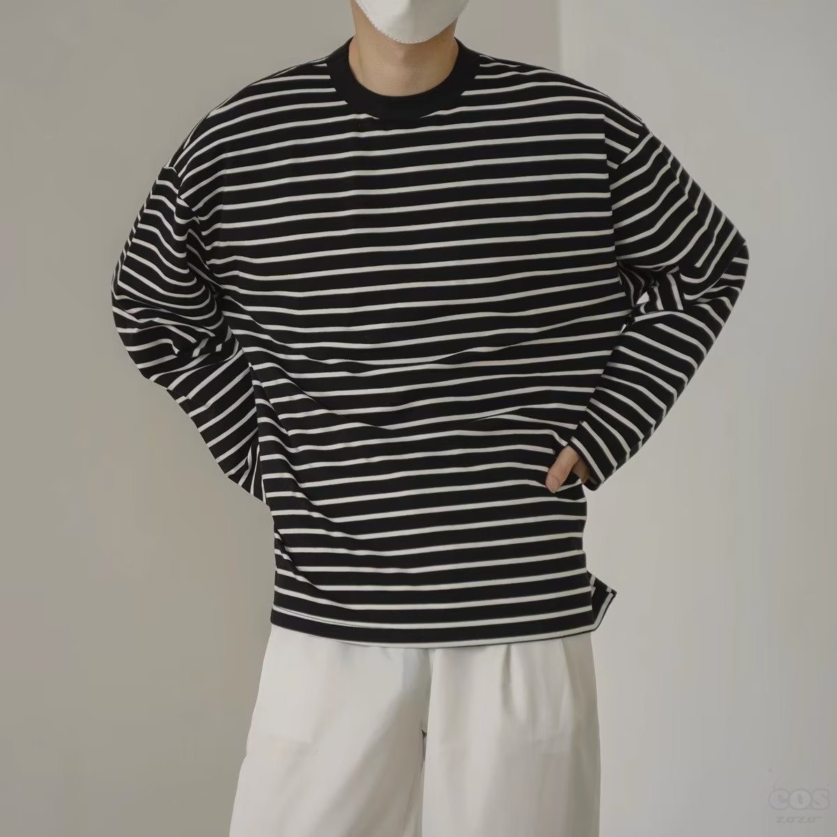 韓国風 ファッション 長袖シャツ カジュアル ボーダー 配色 ラウンドネック 秋冬 メンズ 長袖シャツ