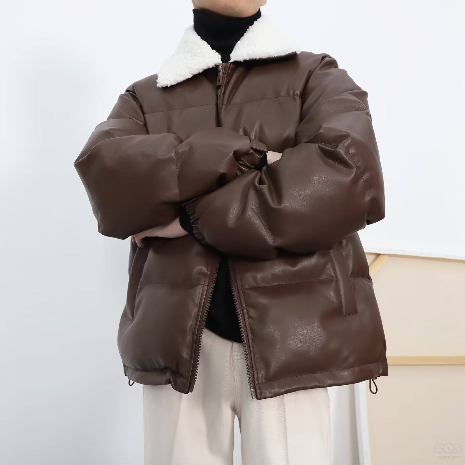 主役級 コート ファッション レトロ 高級感 ラムウール 折り襟 切り替え PU カジュアル メンズ コート